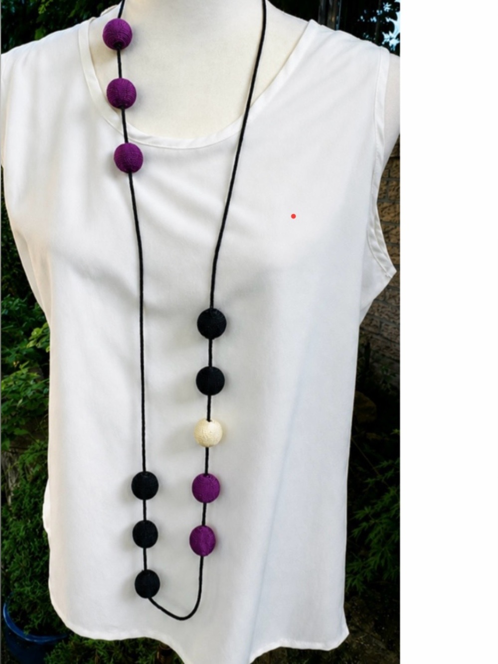 Vintage Wearable Art Asymmetrical Textile Bead Necklace • Black Deep Purple MoMa